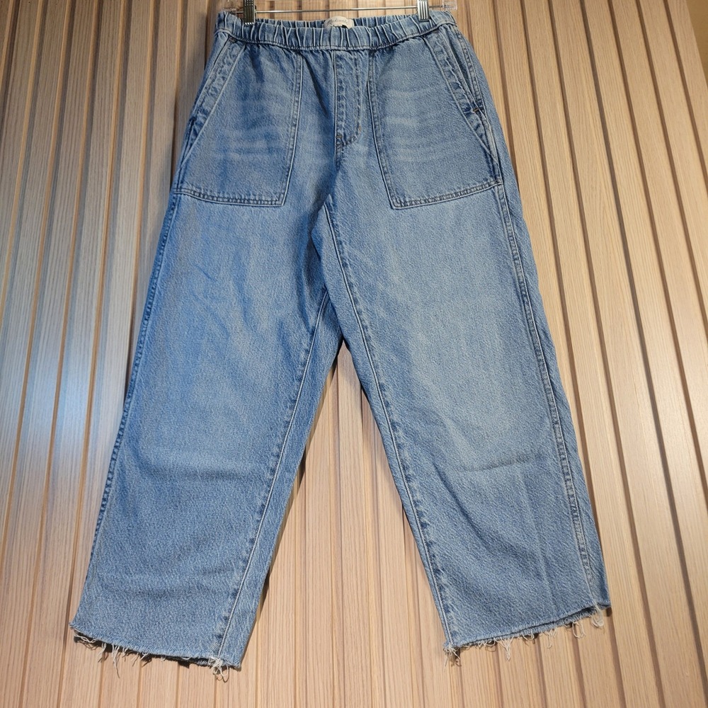 Madewell Pull On Relaxed Wide Leg Jeans Light Wash Hemp Tencel Frayed Hem Small